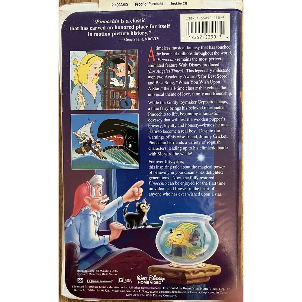 Walt Disney’s Pinocchio (VHS, 1993) Special Edition – Like New – Clamshell